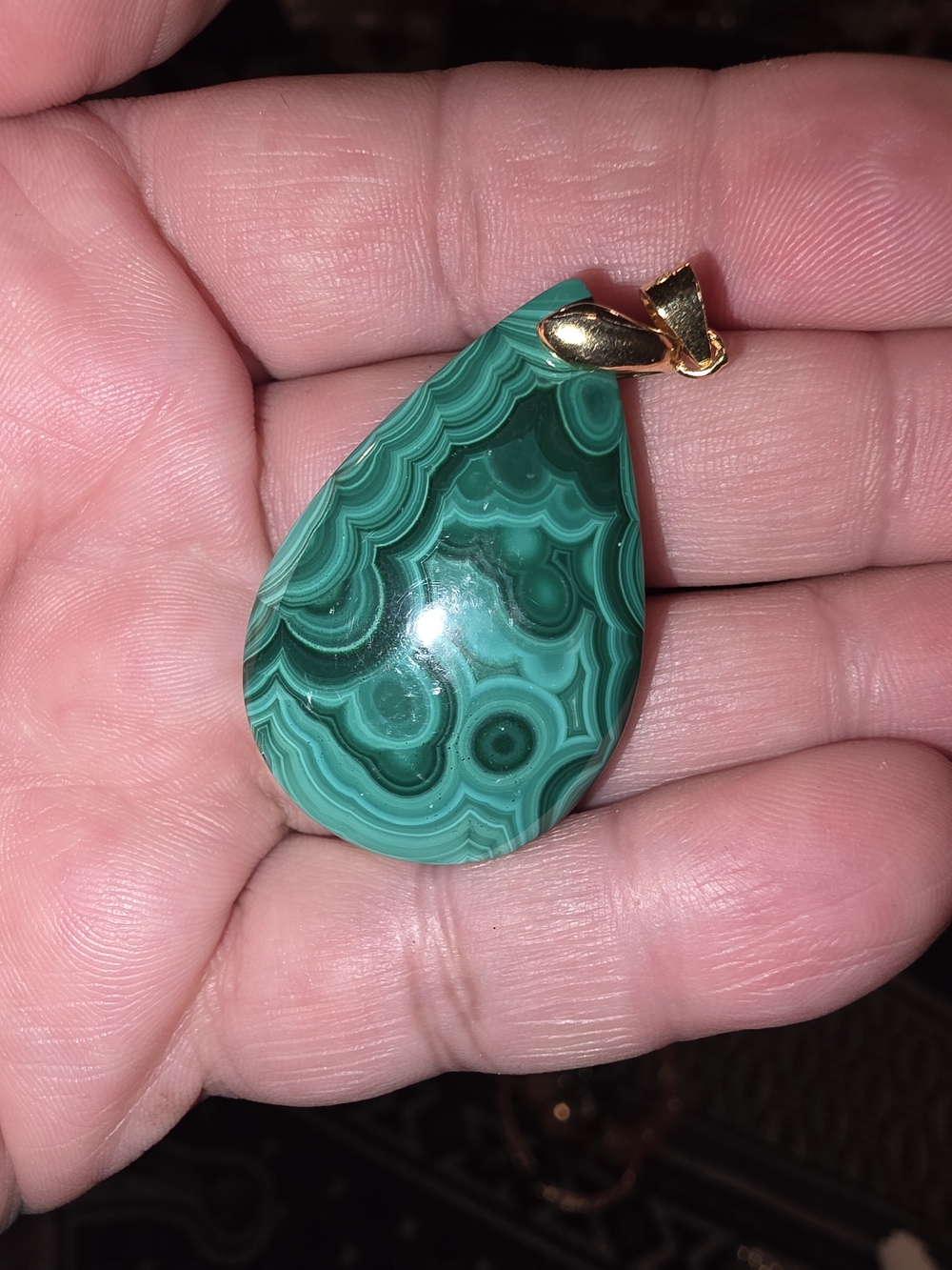 Green Teardrop Malachite Pendant with Gold Bail